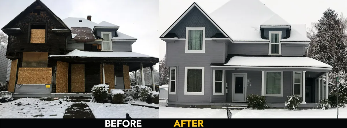 Before and after: a fire-blackened two-story house with boarded-up windows, and the same house fully rebuilt with new siding and windows