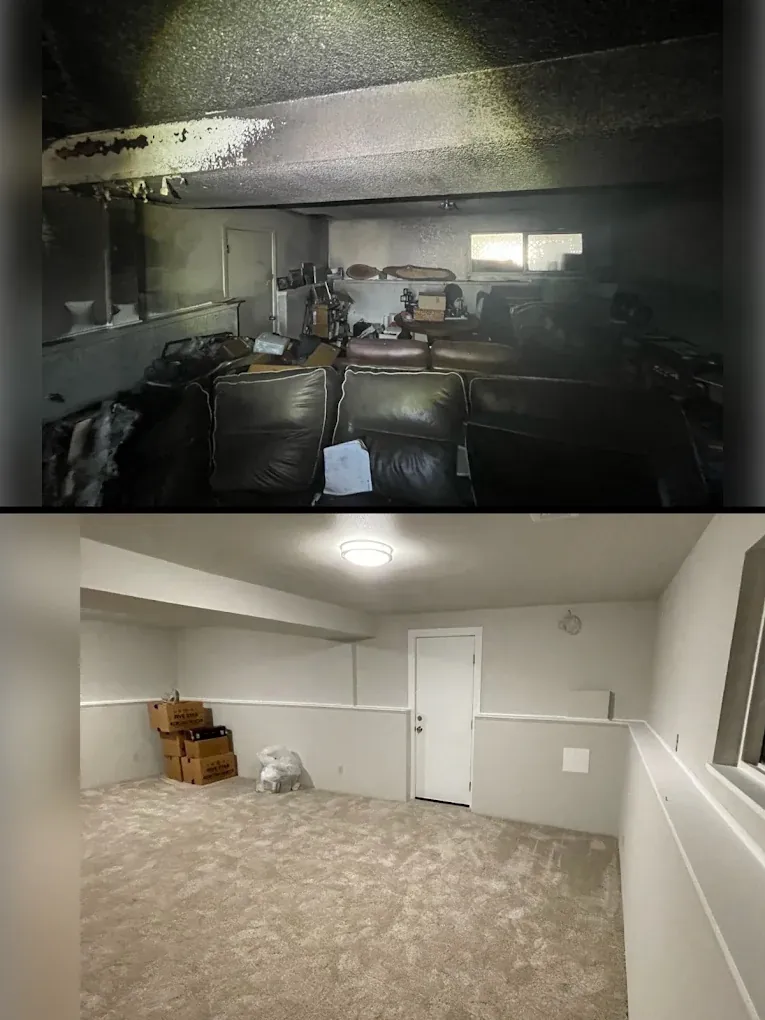 Before and after: a basement family room coated in black smoke residue, and the same room clean with fresh paint and new carpet